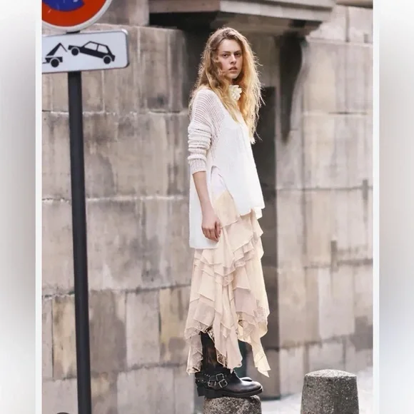 Free People Laughlin Vintage Lace Ruffles Mixed Printed Asymmetrical Dress - Picture 4 of 14